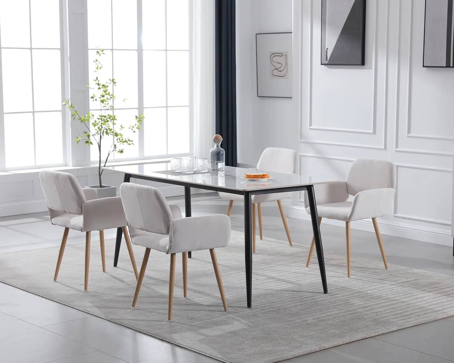 KCC Small Modern Dining Room Arm Chairs Set of 2, Mid-Century Upholstered Velvet Side Seat Club Guest with Metal Tube Legs for Kitchen, Living Room, Beige
