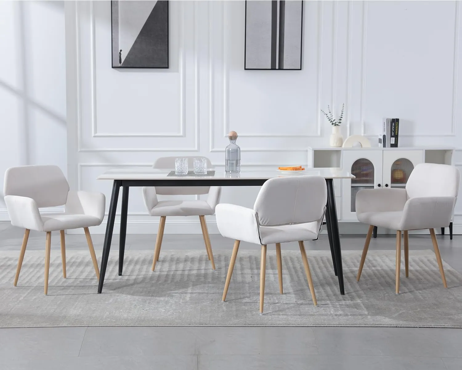 KCC Small Modern Dining Room Arm Chairs Set of 2, Mid-Century Upholstered Velvet Side Seat Club Guest with Metal Tube Legs for Kitchen, Living Room, Beige