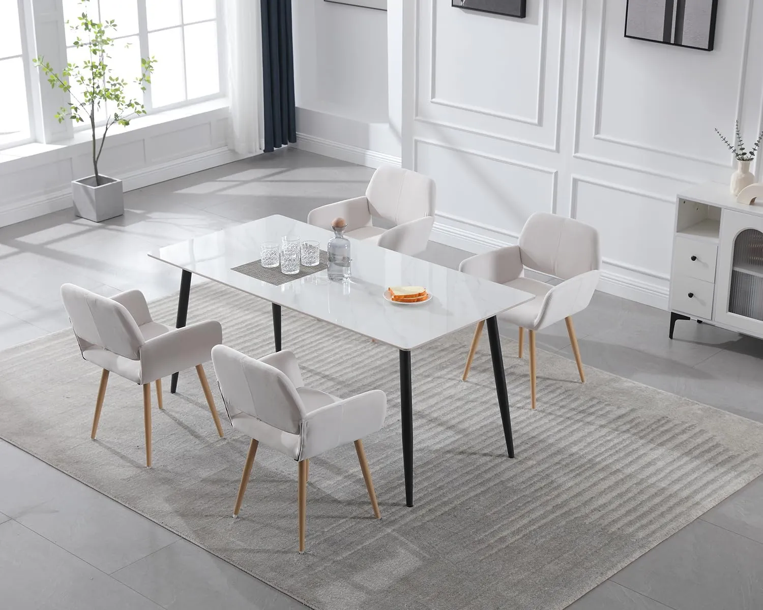 KCC Small Modern Dining Room Arm Chairs Set of 2, Mid-Century Upholstered Velvet Side Seat Club Guest with Metal Tube Legs for Kitchen, Living Room, Beige