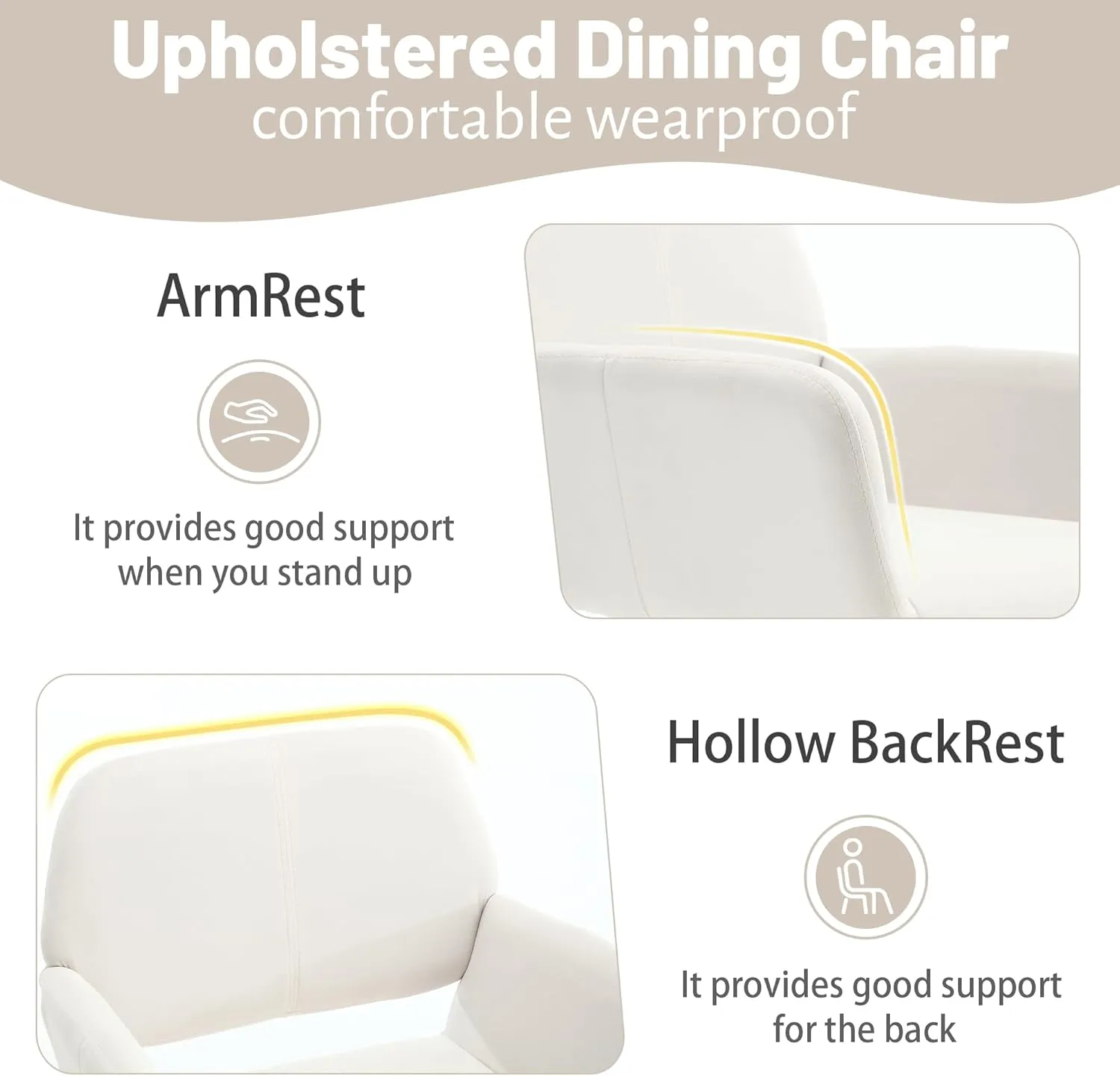 KCC Small Modern Dining Room Arm Chairs Set of 2, Mid-Century Upholstered Velvet Side Seat Club Guest with Metal Tube Legs for Kitchen, Living Room, Beige