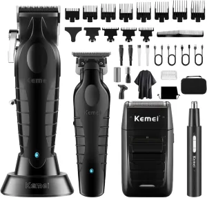 KEMEI Professional Hair Clippers for Men, Cordless Barber Clipper Beard Trimmer Foil Shaver Nose Eyebrow Ear Trimmer Set, USB Charging Complete Electric Hair Cutting Kit with 11 Guide Combs