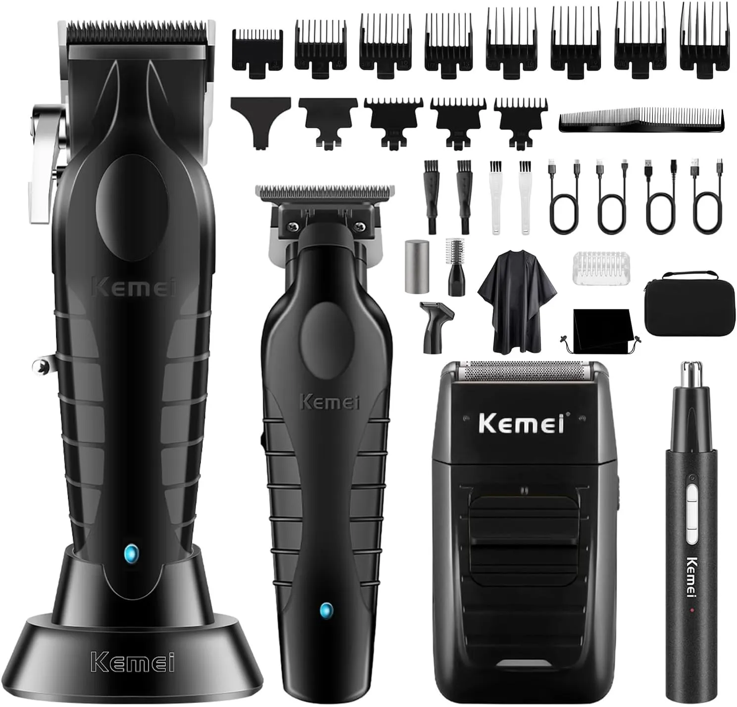 KEMEI Professional Hair Clippers for Men, Cordless Barber Clipper Beard Trimmer Foil Shaver Nose Eyebrow Ear Trimmer Set, USB Charging Complete Electric Hair Cutting Kit with 11 Guide Combs