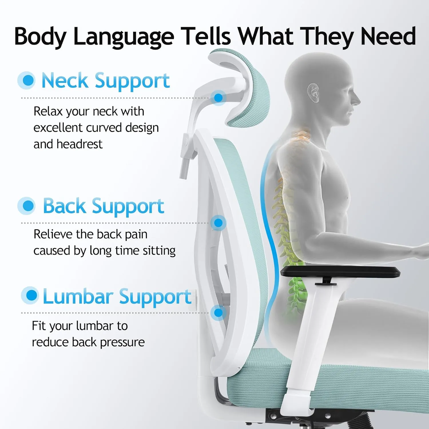 KERDOM Ergonomic Office Chair, Rolling Swivel Executive Desk Chair, Breathable Mesh Gaming Chair with Adjustable Headrest, 3D Armrest and Lumbar Support for Home Office LightBlue