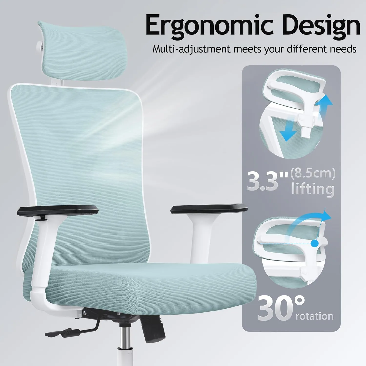 KERDOM Ergonomic Office Chair, Rolling Swivel Executive Desk Chair, Breathable Mesh Gaming Chair with Adjustable Headrest, 3D Armrest and Lumbar Support for Home Office LightBlue