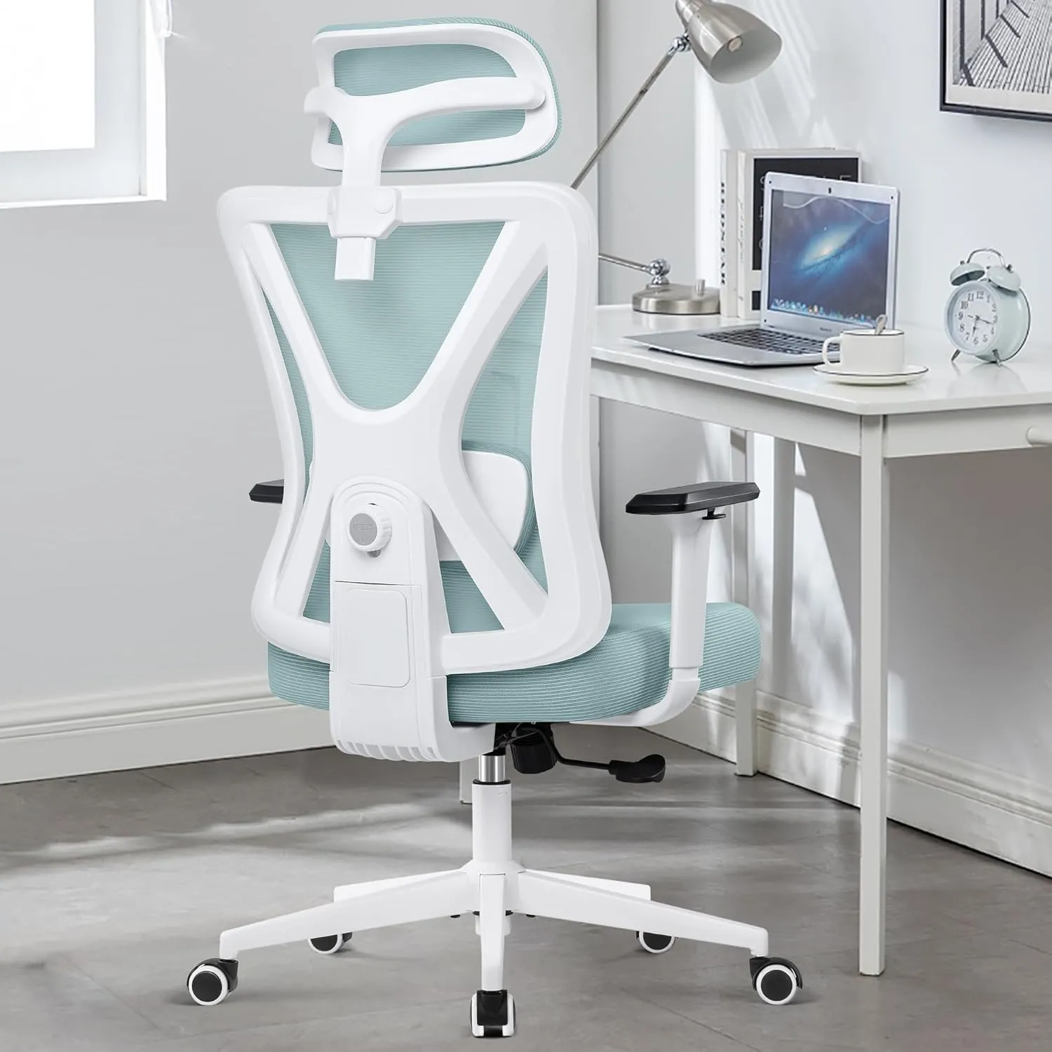 KERDOM Ergonomic Office Chair, Rolling Swivel Executive Desk Chair, Breathable Mesh Gaming Chair with Adjustable Headrest, 3D Armrest and Lumbar Support for Home Office LightBlue