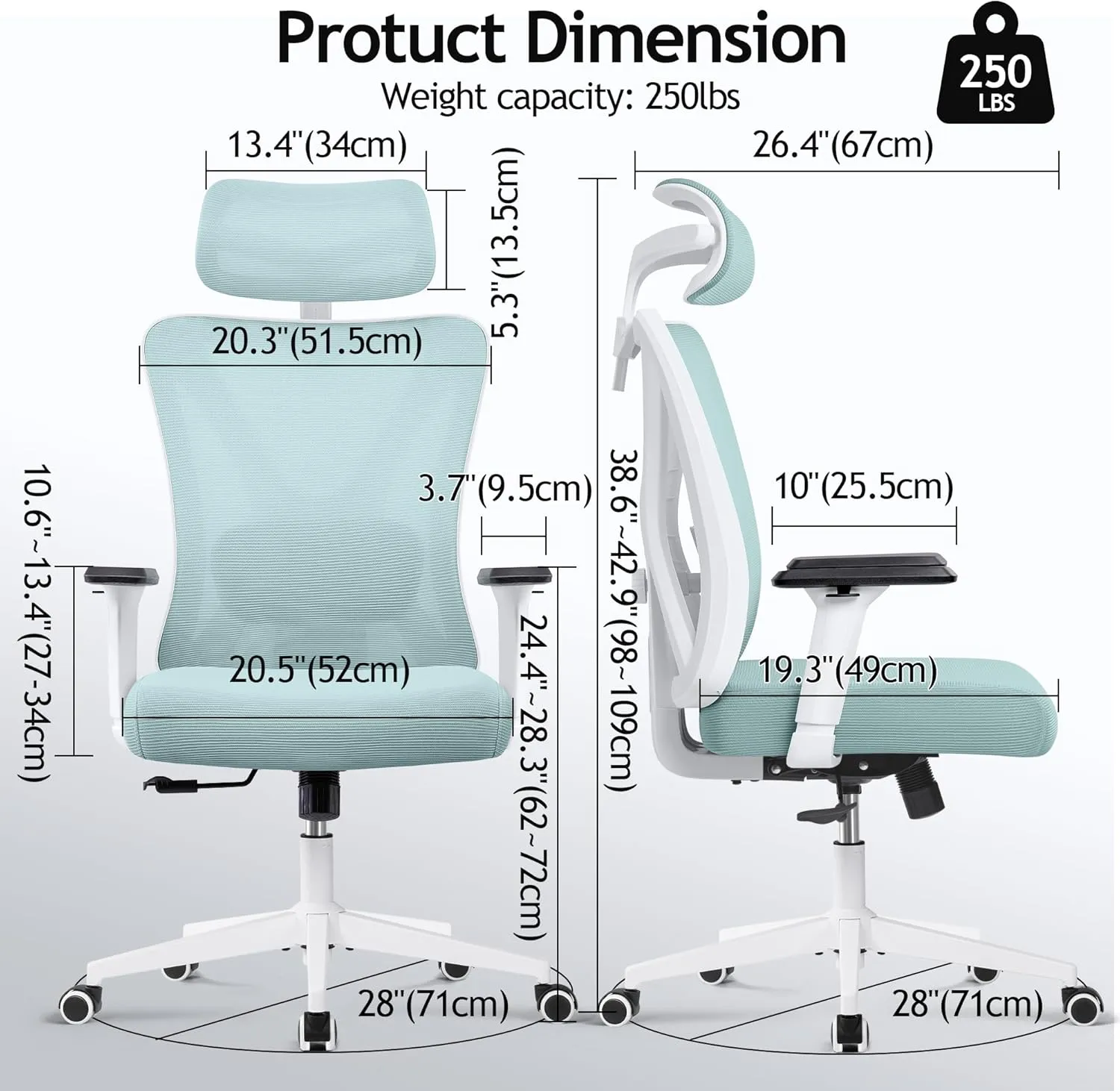 KERDOM Ergonomic Office Chair, Rolling Swivel Executive Desk Chair, Breathable Mesh Gaming Chair with Adjustable Headrest, 3D Armrest and Lumbar Support for Home Office LightBlue