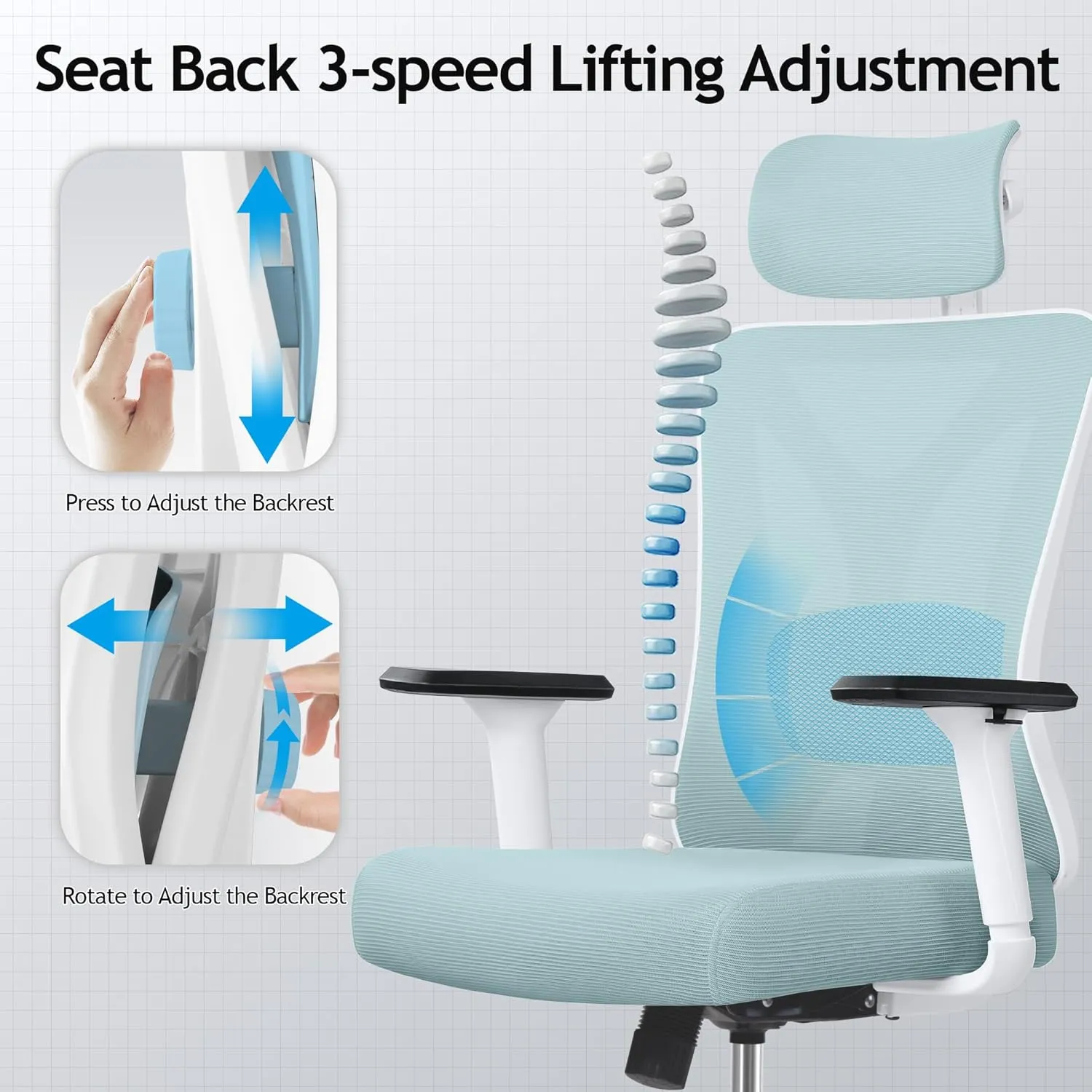 KERDOM Ergonomic Office Chair, Rolling Swivel Executive Desk Chair, Breathable Mesh Gaming Chair with Adjustable Headrest, 3D Armrest and Lumbar Support for Home Office LightBlue
