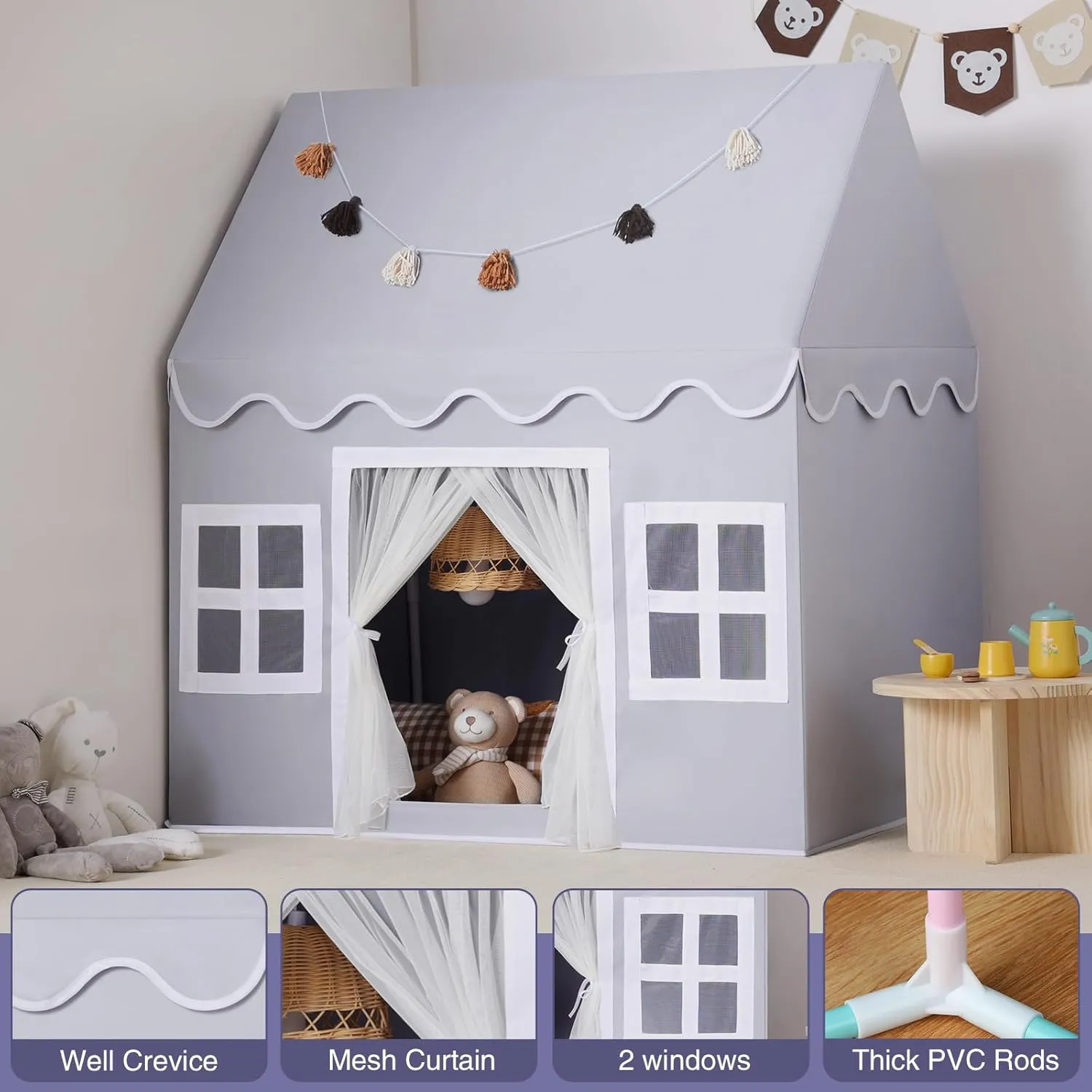 Kids Play Tent Indoor: Mat, Tassel Garland, Star Lights - Gray Girl Tent Playhouse for Toddlers Kids Toys for Boy Girl Birthday Gift