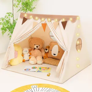 Kids Tent Indoor with Star Lights and Flags - Play Tent for Kids Ages 4-8, Toddler Playhouse for Girls Boys, Brown