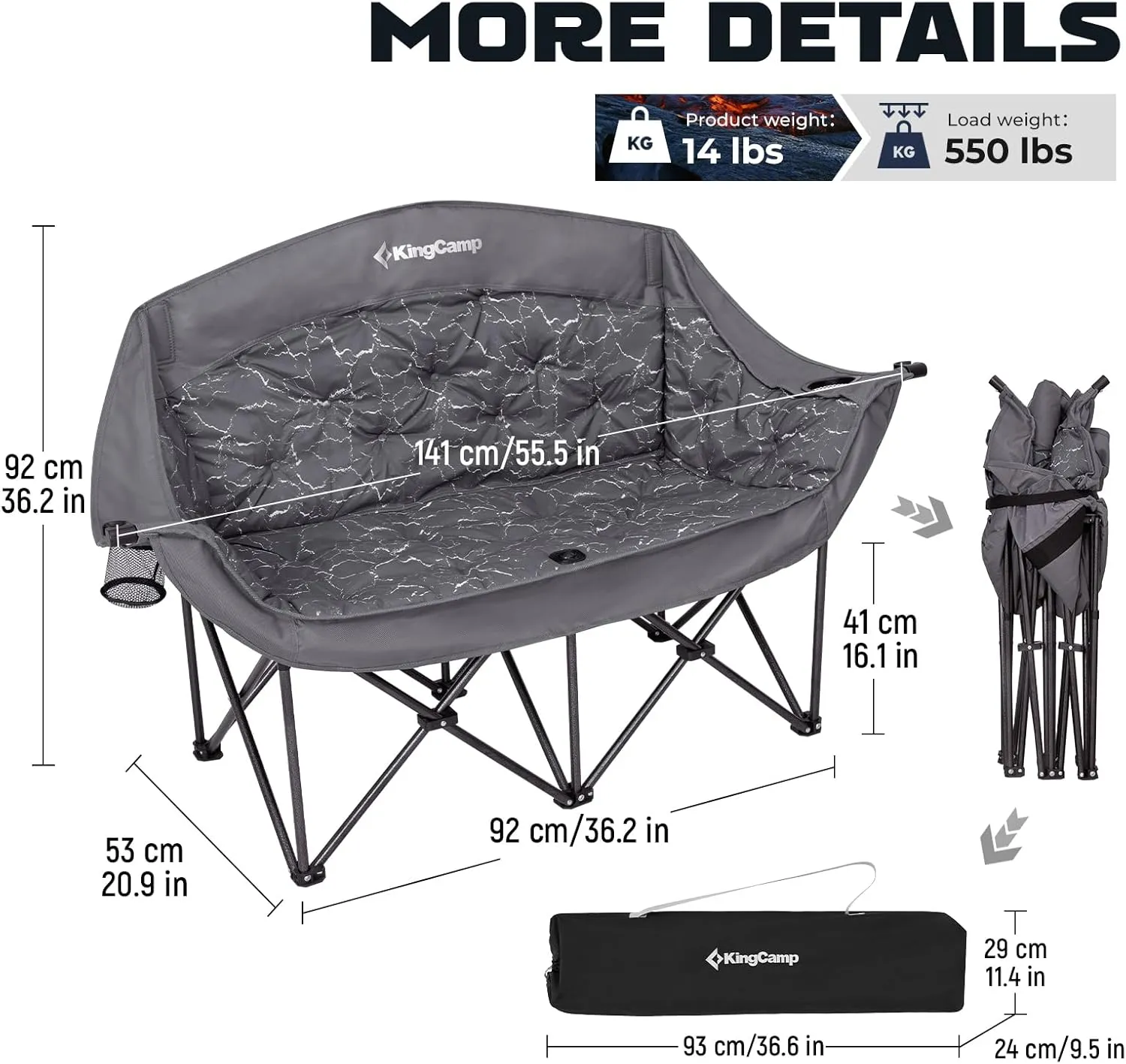 KingCamp Double Camping Chair, Oversized Heavy Duty Loveseat for Adults Portable Folding XL 2 Person Couch Padded Comfortable Two Seat with Cup Holder for Outdoor Lawn Backyard