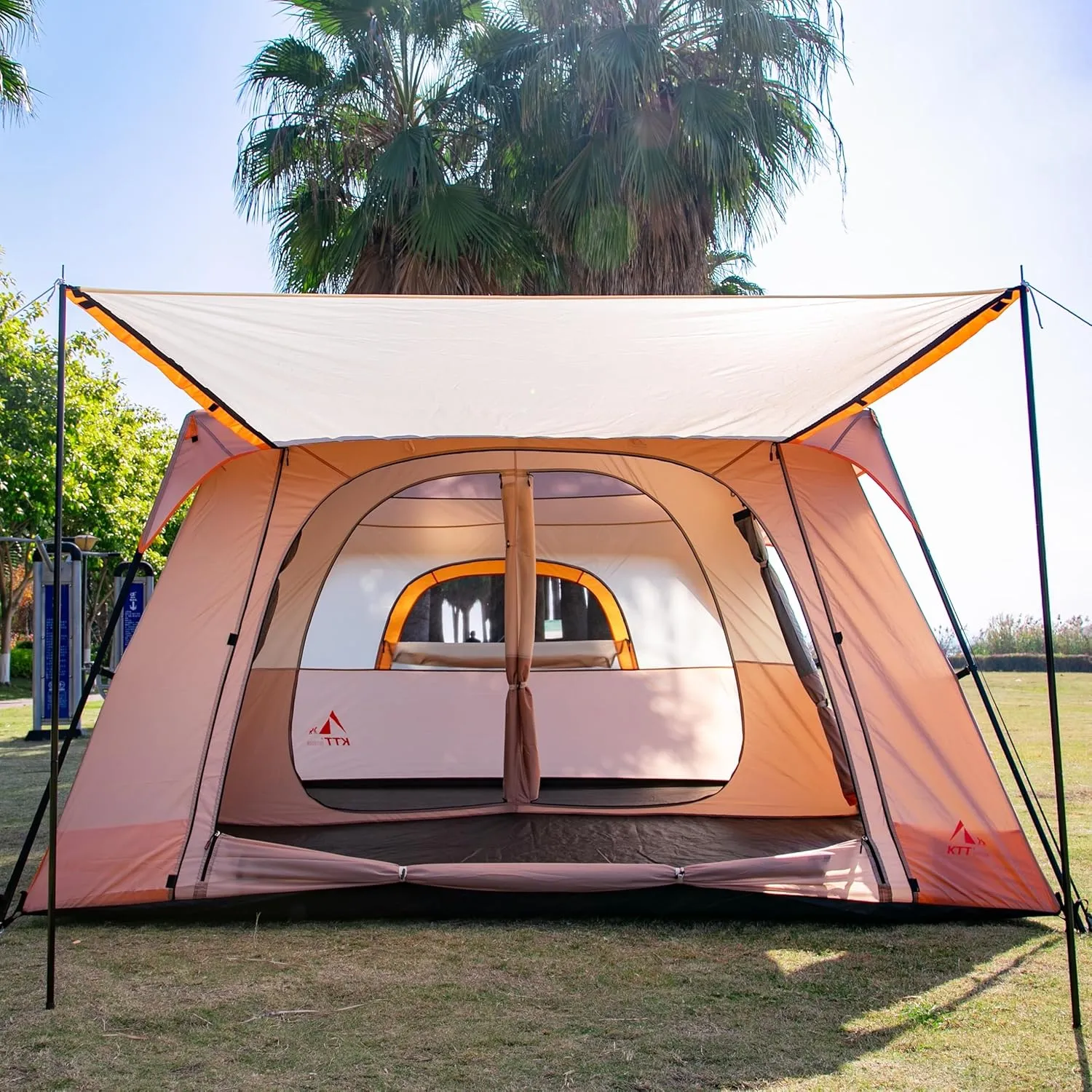 KTT Extra Large Tent 10-12-14 Person(A),Family Cabin Tents,2 Rooms,3 Doors and 3 Windows with Mesh,Straight Wall,Waterproof,Double Layer,Big Tent for Outdoor,Picnic,Camping,Family Gathering
