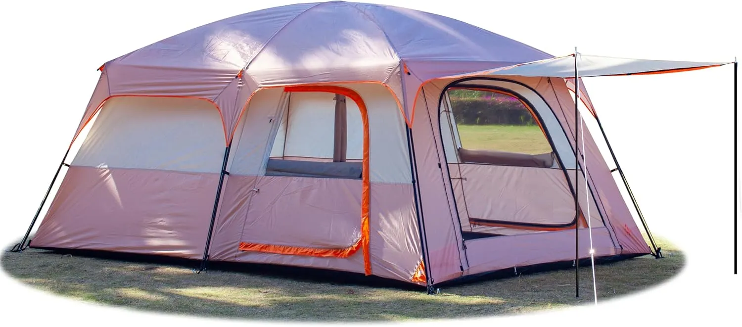 KTT Extra Large Tent 10-12-14 Person(A),Family Cabin Tents,2 Rooms,3 Doors and 3 Windows with Mesh,Straight Wall,Waterproof,Double Layer,Big Tent for Outdoor,Picnic,Camping,Family Gathering