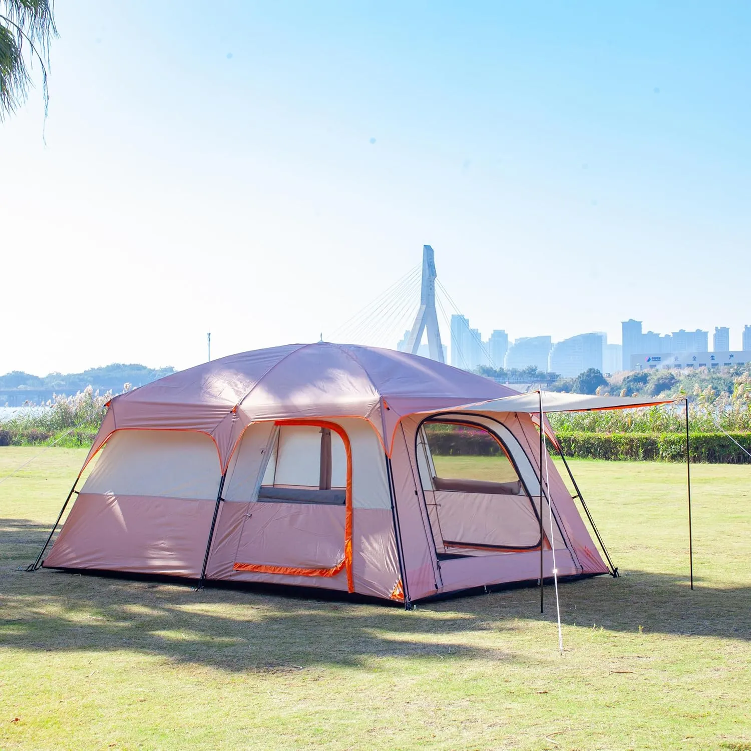 KTT Extra Large Tent 10-12-14 Person(A),Family Cabin Tents,2 Rooms,3 Doors and 3 Windows with Mesh,Straight Wall,Waterproof,Double Layer,Big Tent for Outdoor,Picnic,Camping,Family Gathering