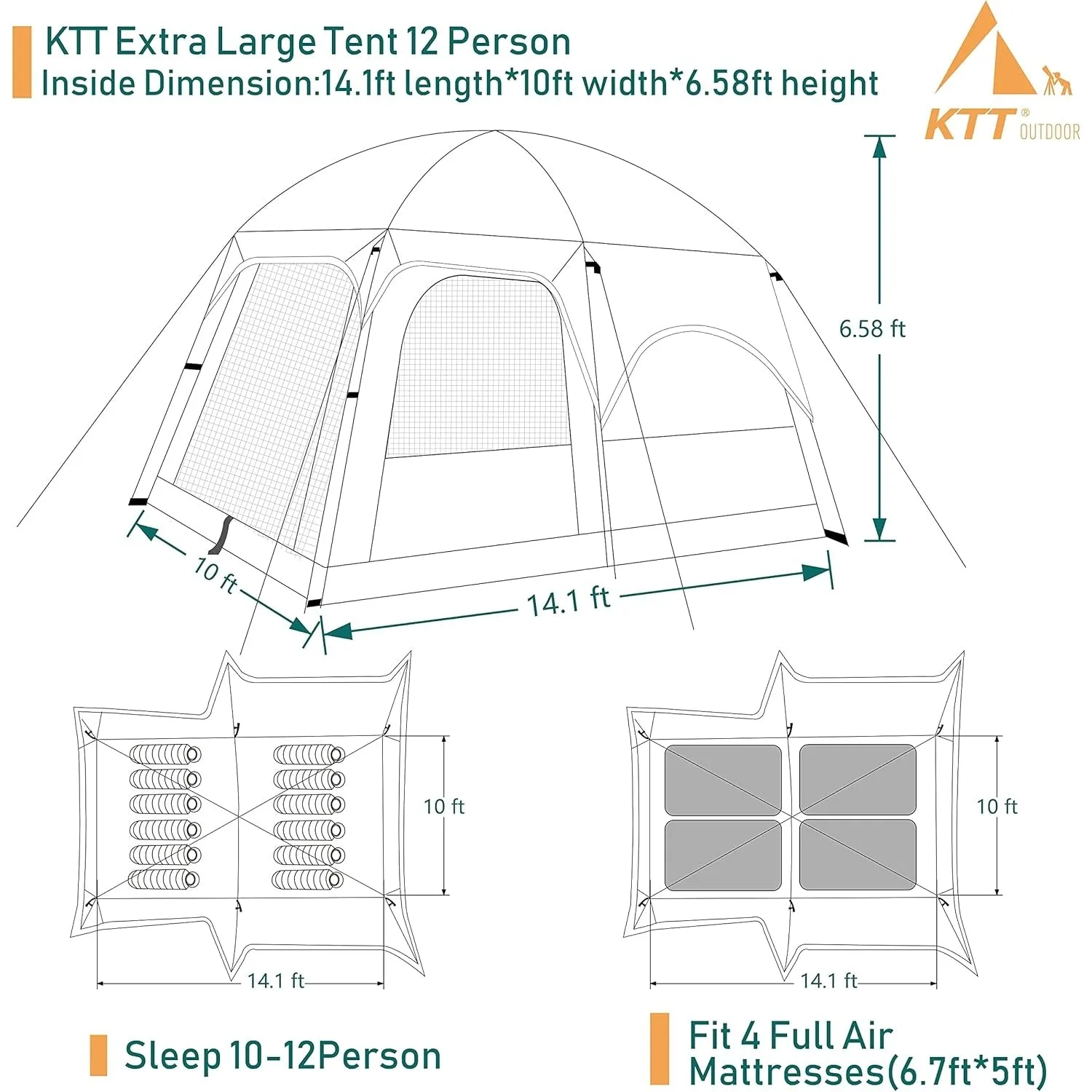KTT Extra Large Tent 10-12-14 Person(B),Family Cabin Tents,2 Rooms,3 Doors and 3 Windows with Mesh,Straight Wall,Waterproof,Double Layer,Big Tent for Outdoor,Picnic,Camping,Family Gathering