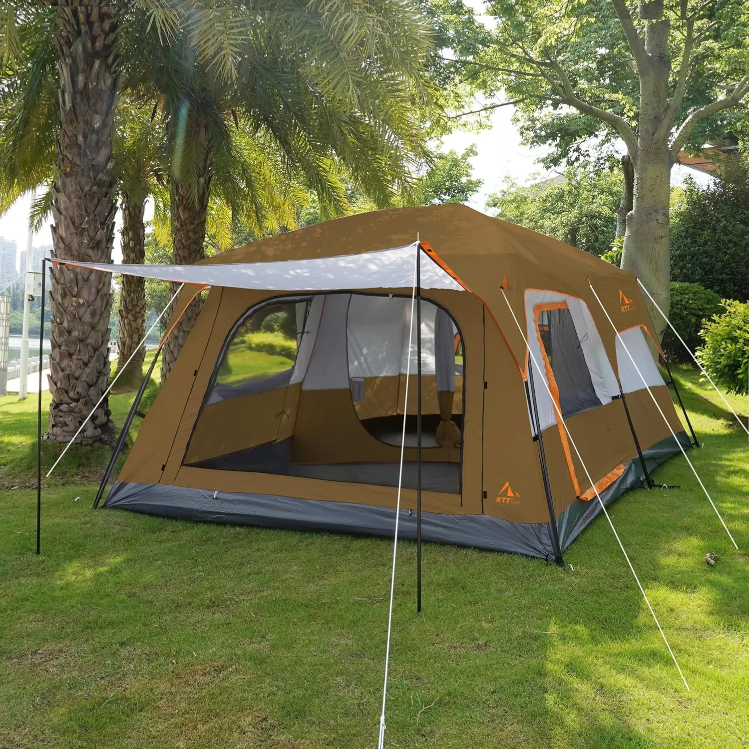 KTT Extra Large Tent 10-12-14 Person(B),Family Cabin Tents,2 Rooms,3 Doors and 3 Windows with Mesh,Straight Wall,Waterproof,Double Layer,Big Tent for Outdoor,Picnic,Camping,Family Gathering