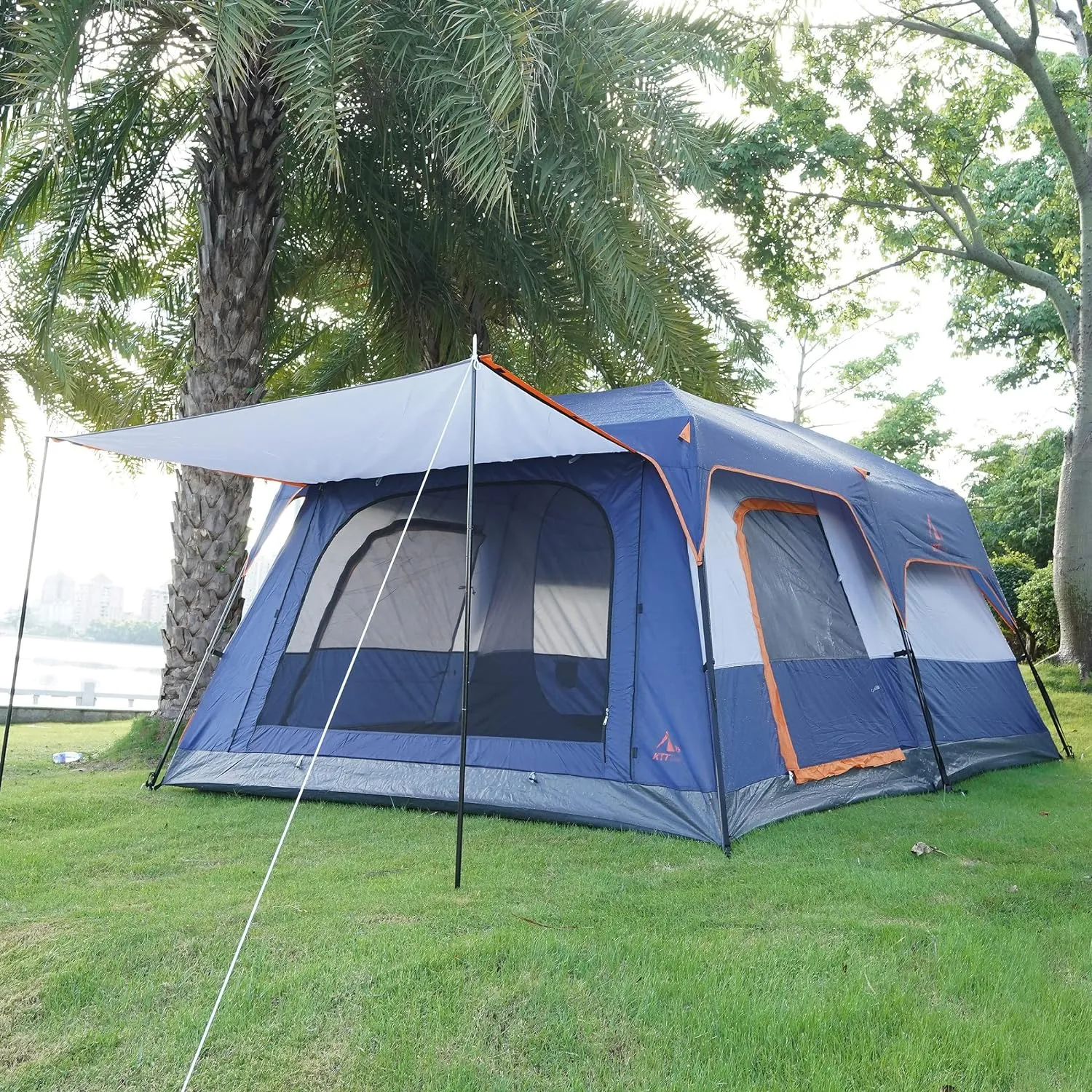 KTT Extra Large Tent 10-12-14 Person(Style-B),Family Cabin Tents,2 Rooms,3 Doors and 3 Windows with Mesh,Straight Wall,Waterproof,Double Layer,Big Tent for Outdoor,Picnic,Camping,Family Gathering