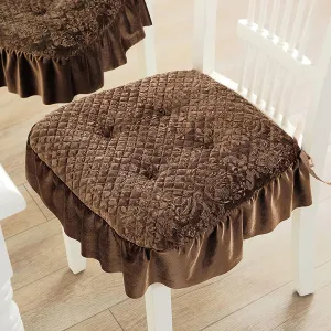 Lace Ruffle Chair Cushion,Square Thick Chair Pad Non Slip Seat Pad with Ties,Warm Velvet Seat Cushion European Seat Cover for Home Decor Dining Office (40x43cm(16x17inch), Brown)