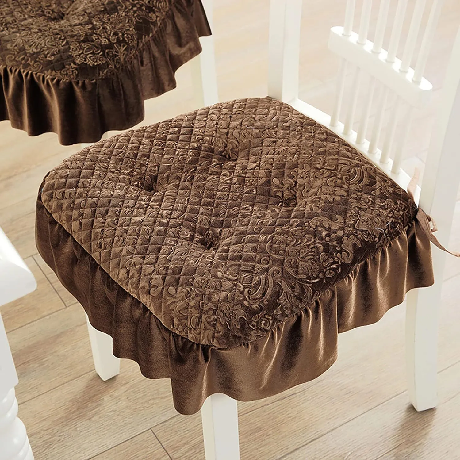 Lace Ruffle Chair Cushion,Square Thick Chair Pad Non Slip Seat Pad with Ties,Warm Velvet Seat Cushion European Seat Cover for Home Decor Dining Office (40x43cm(16x17inch), Brown)