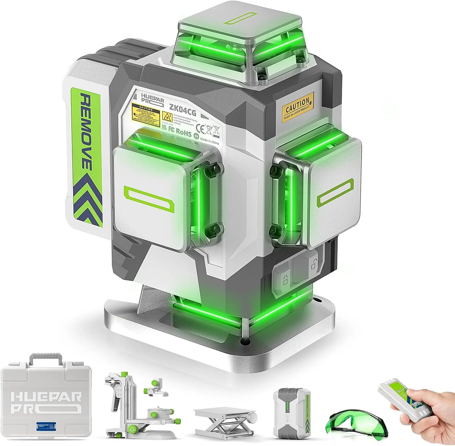 Laser Level 360 Self Leveling, 4x360°Green Cross Line Laser Tool with Remote Control & 8000mAh Rechargeable Li-ion Battery, High Accuracy 4D Laser for Construction, Magnetic Bracket -ZK04CG