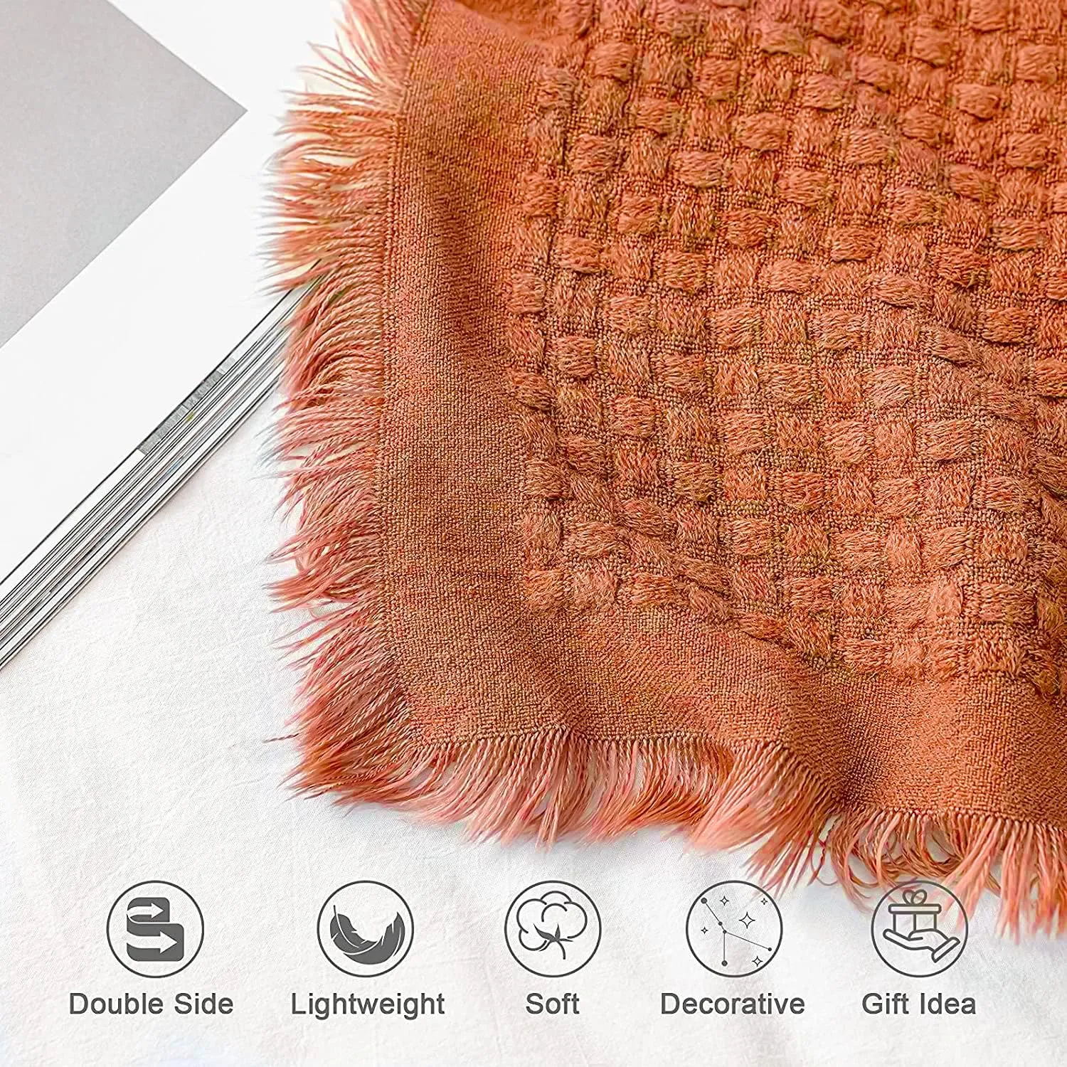 lifein Fall Throw Blanket for Couch-Soft Boho Knitted Bed Throw Blankets,Cozy Burnt Orange Waffle Throw,Farmhouse Lightweight Blanket&Throw for Autumn,Woman,Chair,Sofa,Home Decor(Burnt Orange,50*60")
