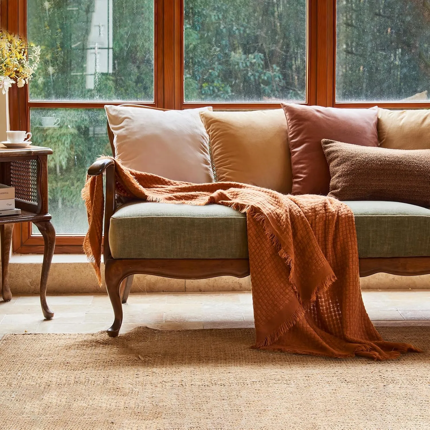 lifein Fall Throw Blanket for Couch-Soft Boho Knitted Bed Throw Blankets,Cozy Burnt Orange Waffle Throw,Farmhouse Lightweight Blanket&Throw for Autumn,Woman,Chair,Sofa,Home Decor(Burnt Orange,50*60")