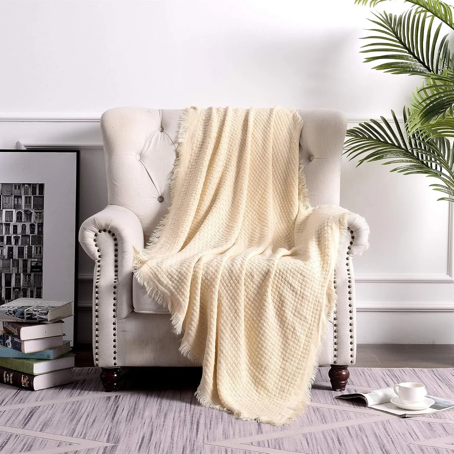 lifein Fall White Throw Blanket for Couch-Soft Boho Knitted Bed Throw Blanket,Cozy Farmhouse Waffle Small Lightweight Blanket&Throws for Autumn,Woman,Chair,Sofa,Home Decor,Gift(White/Cream,50 * 60")