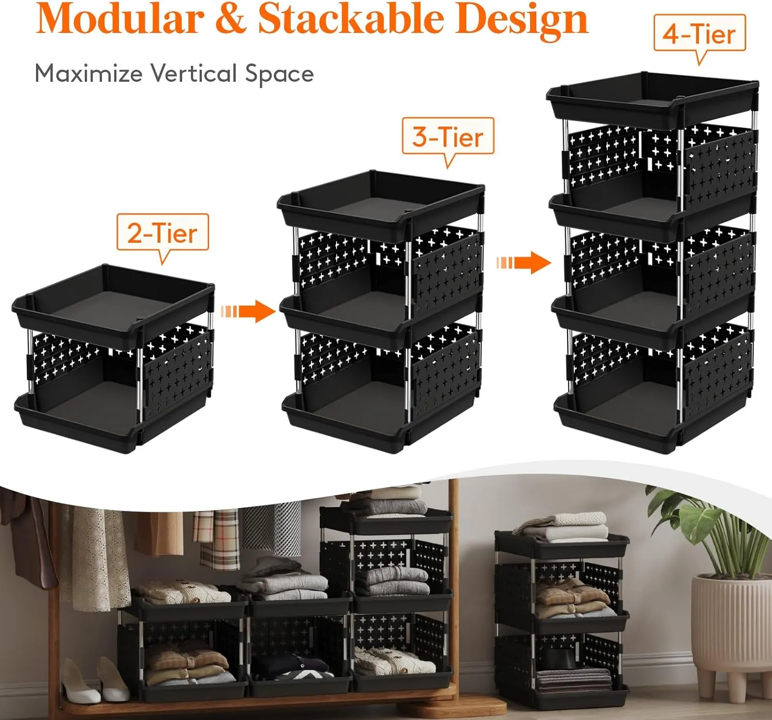 Lifewit Plastic Stackable Storage Baskets, 3 Tier Stacking Bins for Closet Wardrobe, Playroom, Kitchen Organization, Large Capacity Multi-Functional Stackable Storage Containers Shelves, 2 Pack