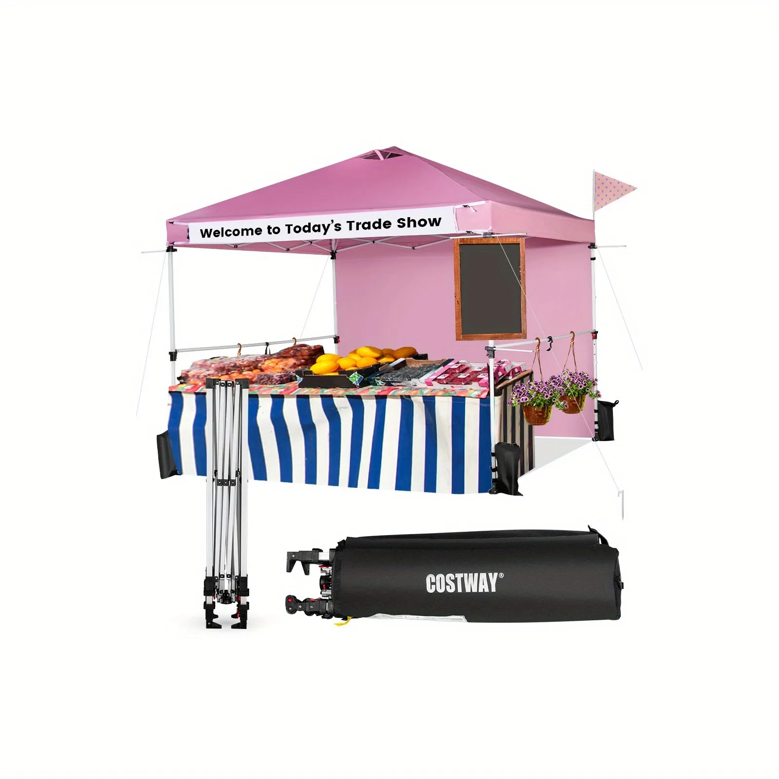 LIFEZEAL 10' x 10' Instant Pop-Up Canopy Tent with Sidewall, Pink Commercial Gazebo with Roller Bag, Hanging Crossbars & Banner Strip, Portable Outdoor Shade Shelter for Market, Patio, Camping, Beach, Tents for Outside Party