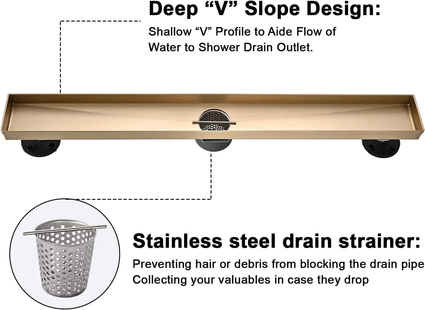 Linear Shower Floor Drain, Brushed Gold 24 Inch 304 Stainless Steel Bathroom Drains Kit, Rectangular Shower Trench Drain with Reversable Tile-in Pattern Drain Cover & Hair Catcher