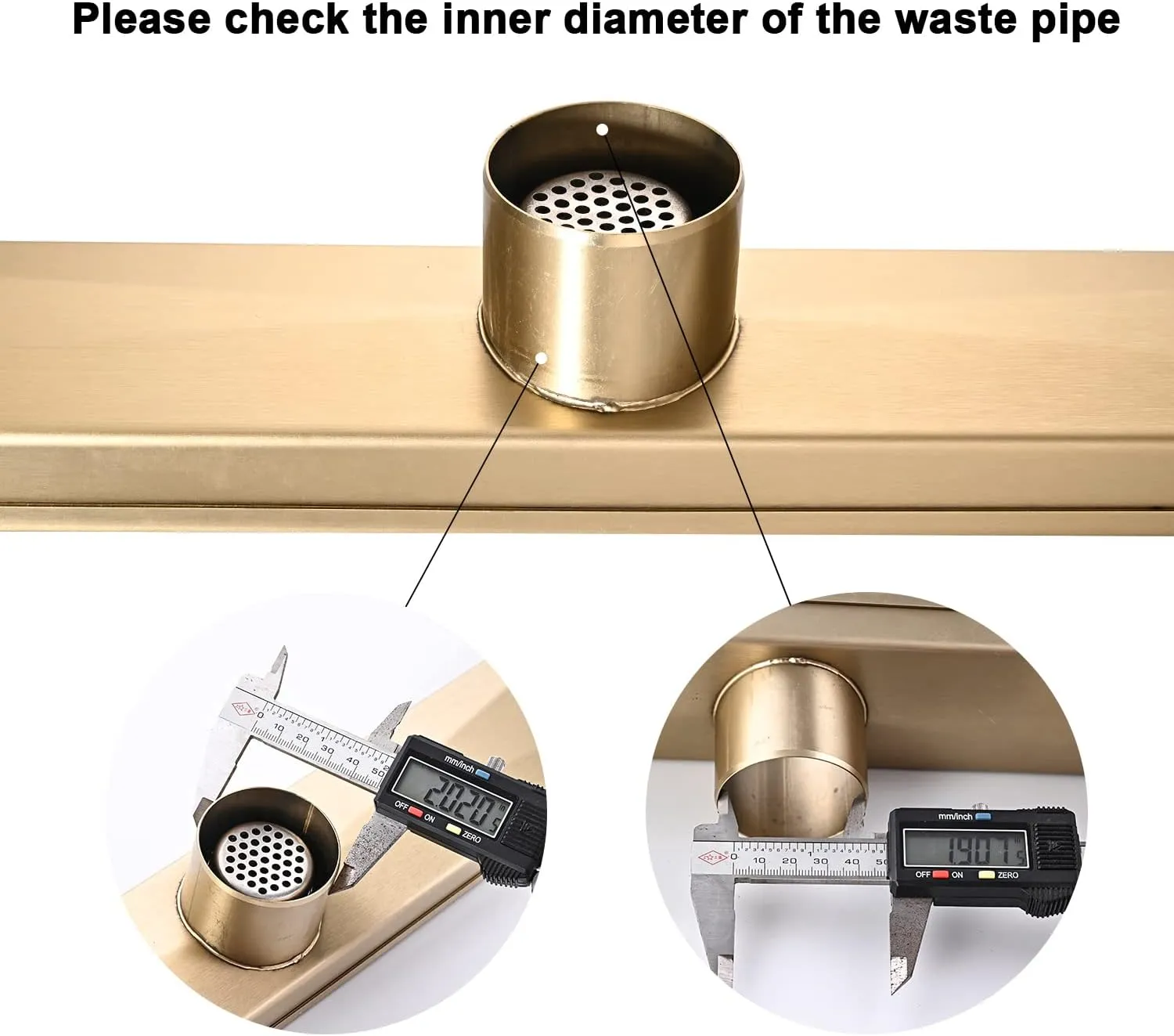 Linear Shower Floor Drain, Brushed Gold 24 Inch 304 Stainless Steel Bathroom Drains Kit, Rectangular Shower Trench Drain with Reversable Tile-in Pattern Drain Cover & Hair Catcher