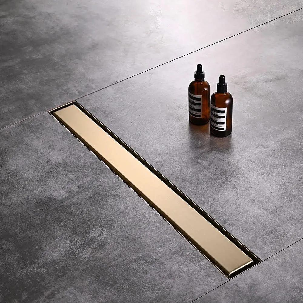 Linear Shower Floor Drain, Brushed Gold 24 Inch 304 Stainless Steel Bathroom Drains Kit, Rectangular Shower Trench Drain with Reversable Tile-in Pattern Drain Cover & Hair Catcher