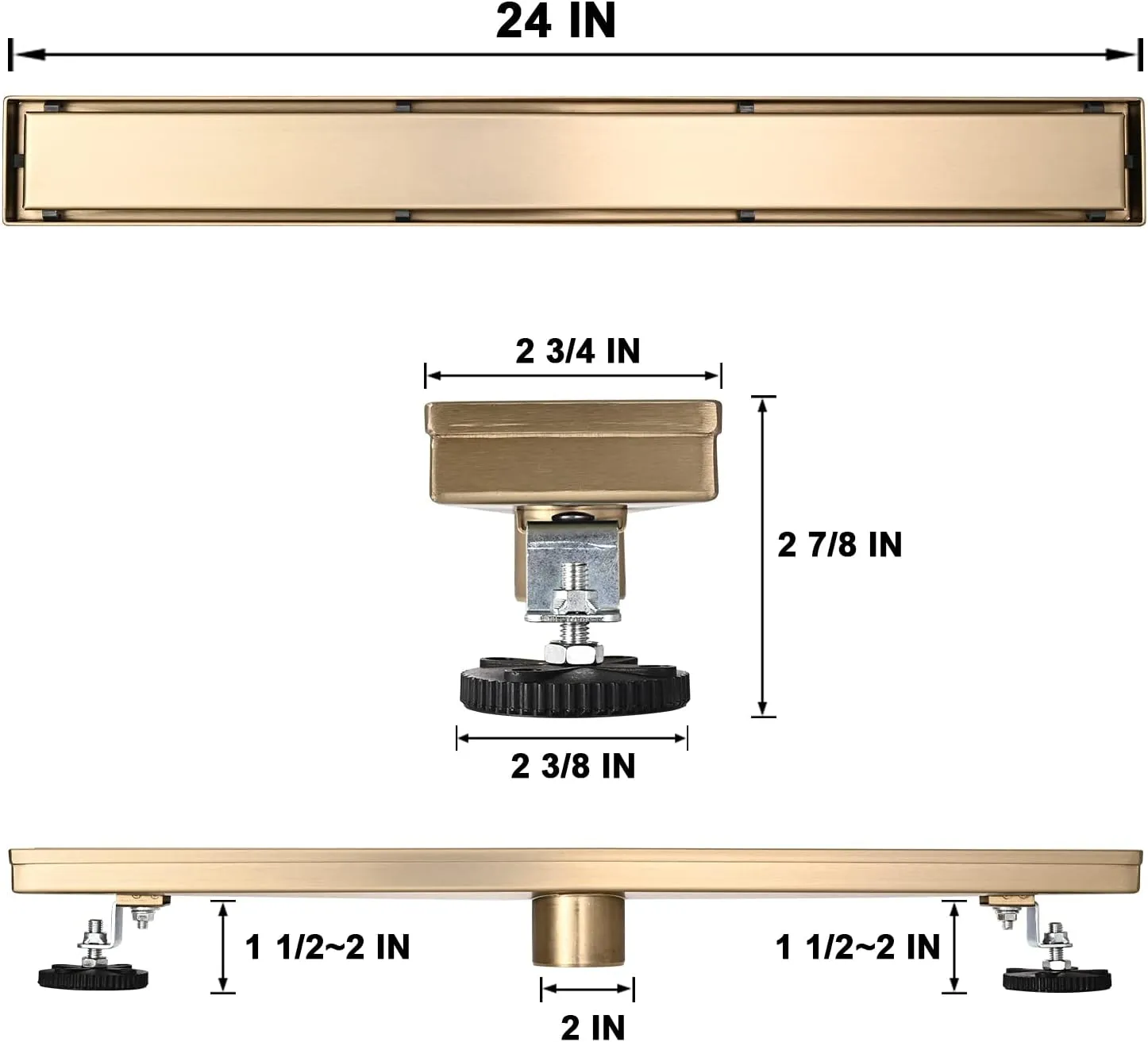 Linear Shower Floor Drain, Brushed Gold 24 Inch 304 Stainless Steel Bathroom Drains Kit, Rectangular Shower Trench Drain with Reversable Tile-in Pattern Drain Cover & Hair Catcher