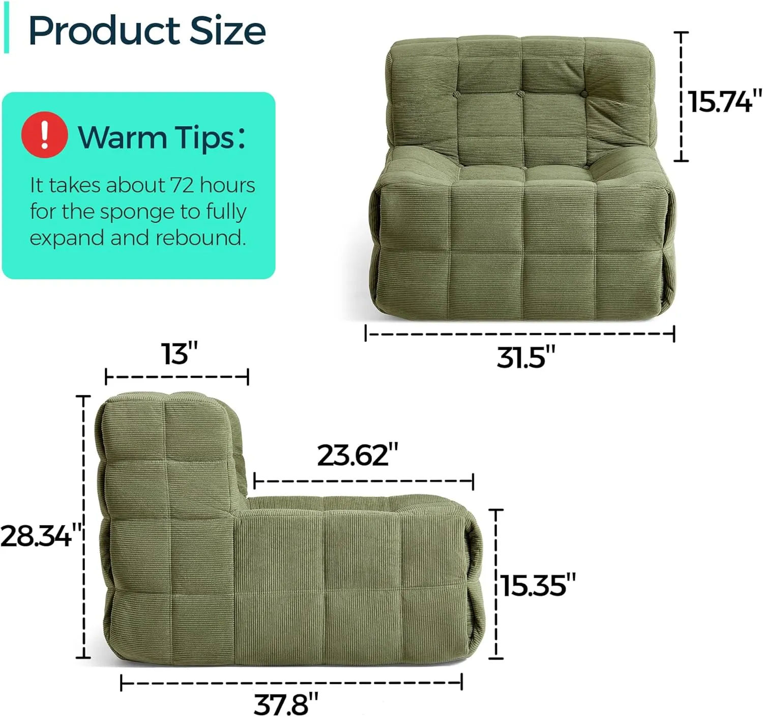LINSY Oversized Bean Bag Chair, Large Bean Bag Couch for Adults and Kids, Floor Sofa Couch Chair Filled with 35D Foam, No Assembly Required Single Sofa for Game Room, Reading Room, Green