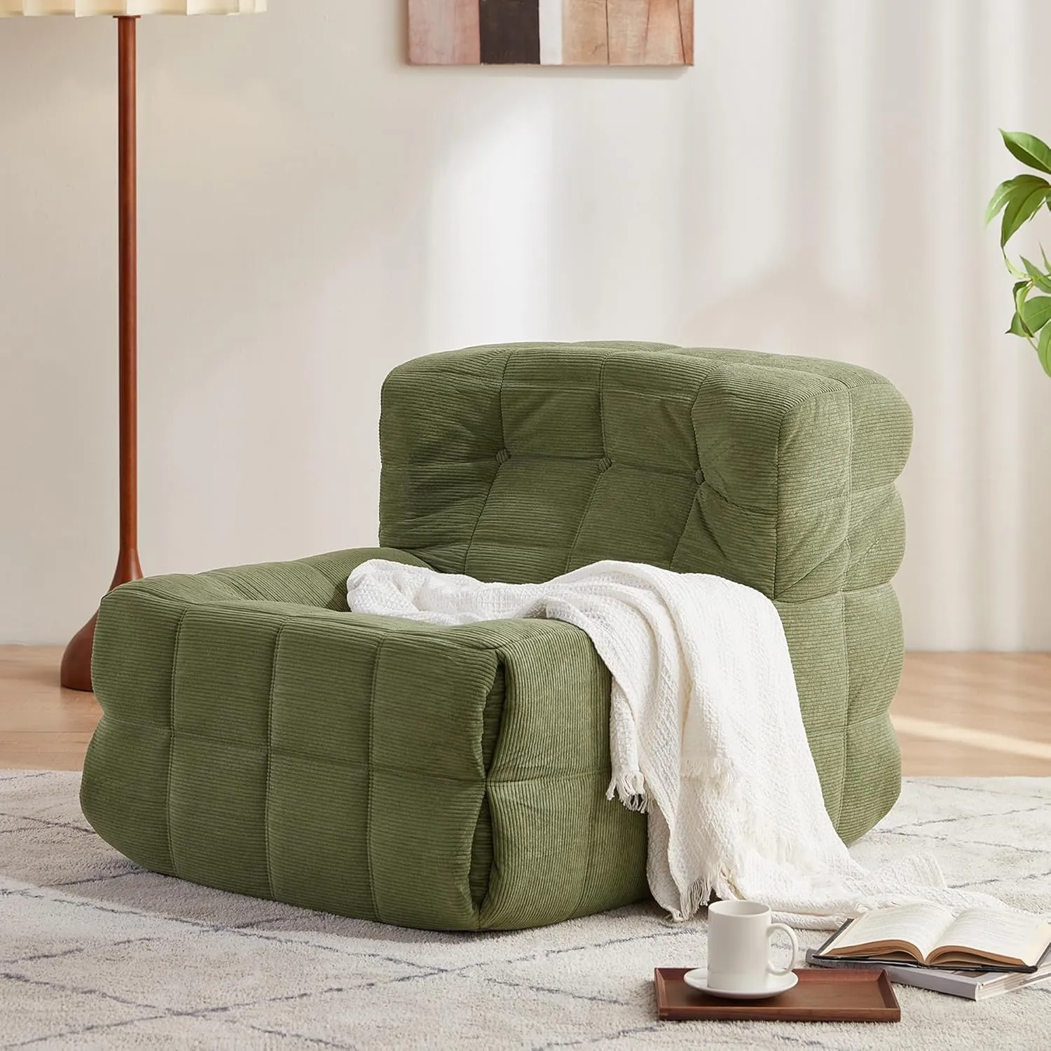 LINSY Oversized Bean Bag Chair, Large Bean Bag Couch for Adults and Kids, Floor Sofa Couch Chair Filled with 35D Foam, No Assembly Required Single Sofa for Game Room, Reading Room, Green