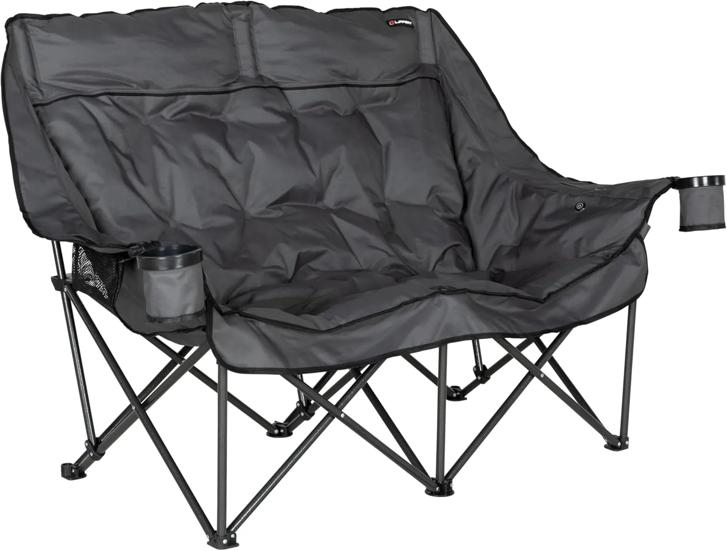 Lippert Big Bear Dark Grey Heated Folding Camping Loveseat with Power Banks, Four Heat Zones, 600-lb. Weight Capacity, 600D Polyester Fabric, High-Loft Cushioning, Zippered Carrying Bag - 2024043335