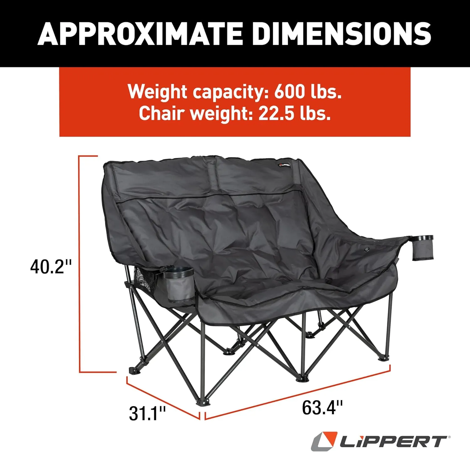 Lippert Big Bear Dark Grey Heated Folding Camping Loveseat with Power Banks, Four Heat Zones, 600-lb. Weight Capacity, 600D Polyester Fabric, High-Loft Cushioning, Zippered Carrying Bag - 2024043335