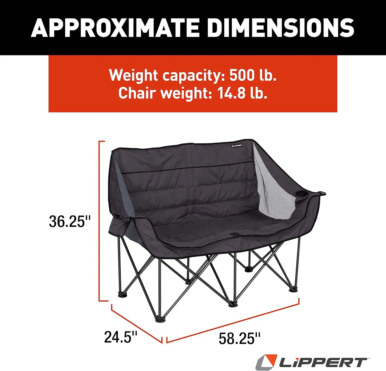 Lippert Campfire Folding Loveseat with 500-lb. Weight Capacity, Carry Bag, Durable Mesh Fabrics, High-Loft Cushioning, Storage Pocket, Dual Cupholders, Stemmed Wine Glass Holder (Grey) - 2021000206