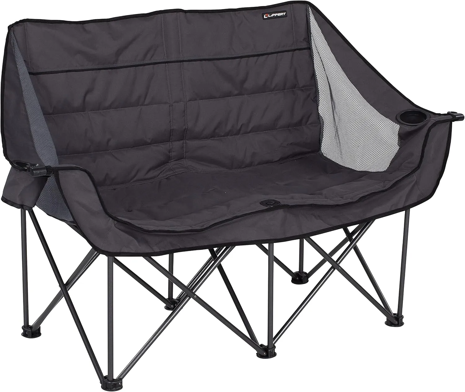 Lippert Campfire Folding Loveseat with 500-lb. Weight Capacity, Carry Bag, Durable Mesh Fabrics, High-Loft Cushioning, Storage Pocket, Dual Cupholders, Stemmed Wine Glass Holder (Grey) - 2021000206