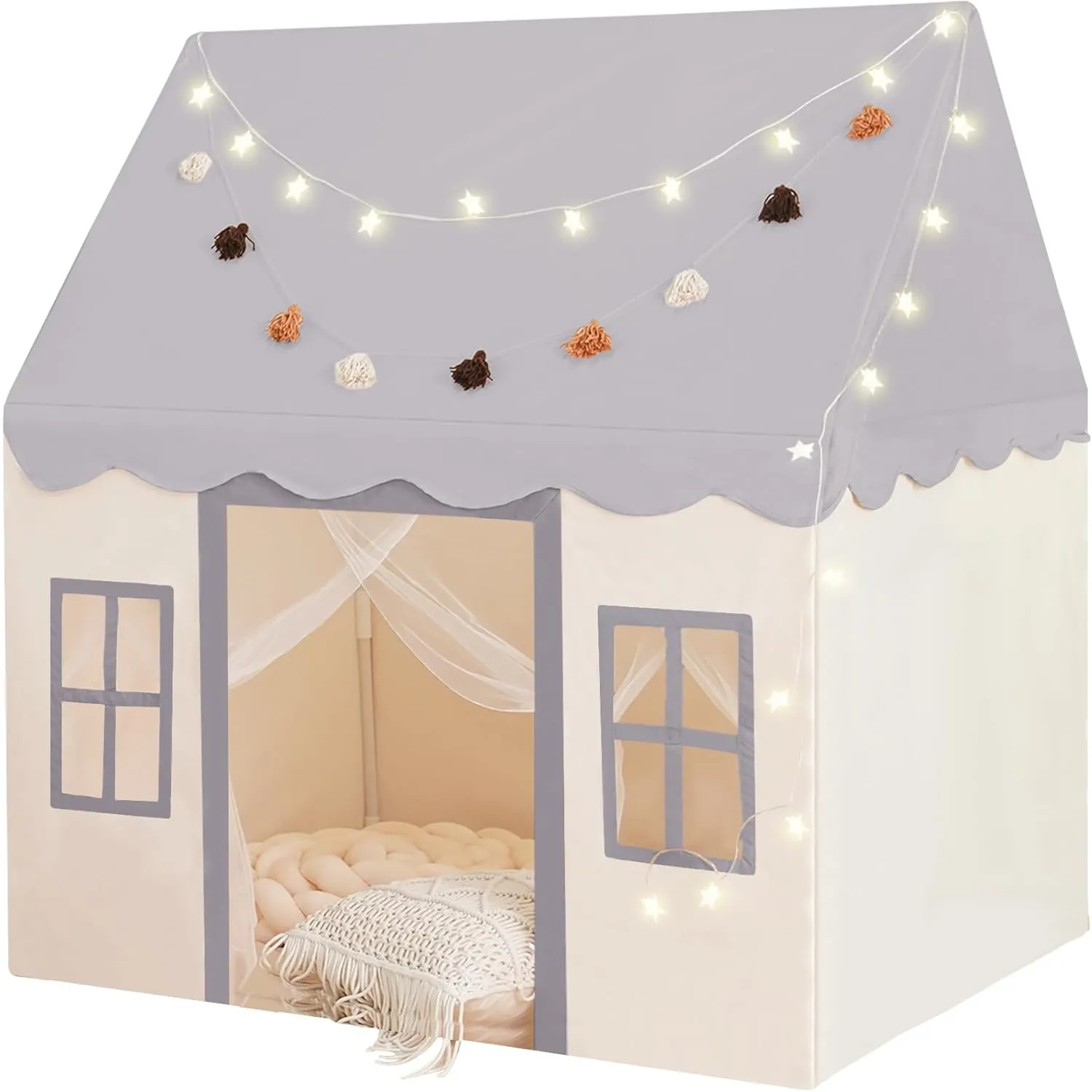 Little Dove Play Tent with mat, Star Lights, Tissue Garland, Kids playtent Indoor, Toddler Play Tent Large Outdoors for Kids Aged 3 , 52" x35" x 52", Toddler Teepee Play House with Windows Grey Color