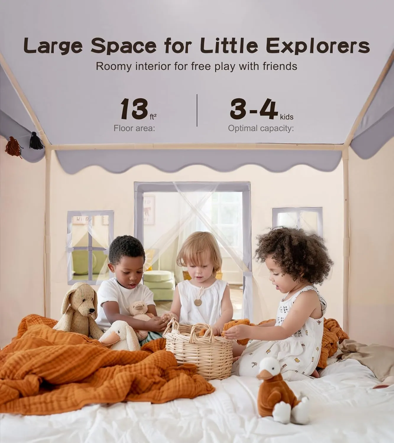 Little Dove Play Tent with mat, Star Lights, Tissue Garland, Kids playtent Indoor, Toddler Play Tent Large Outdoors for Kids Aged 3 , 52" x35" x 52", Toddler Teepee Play House with Windows Grey Color