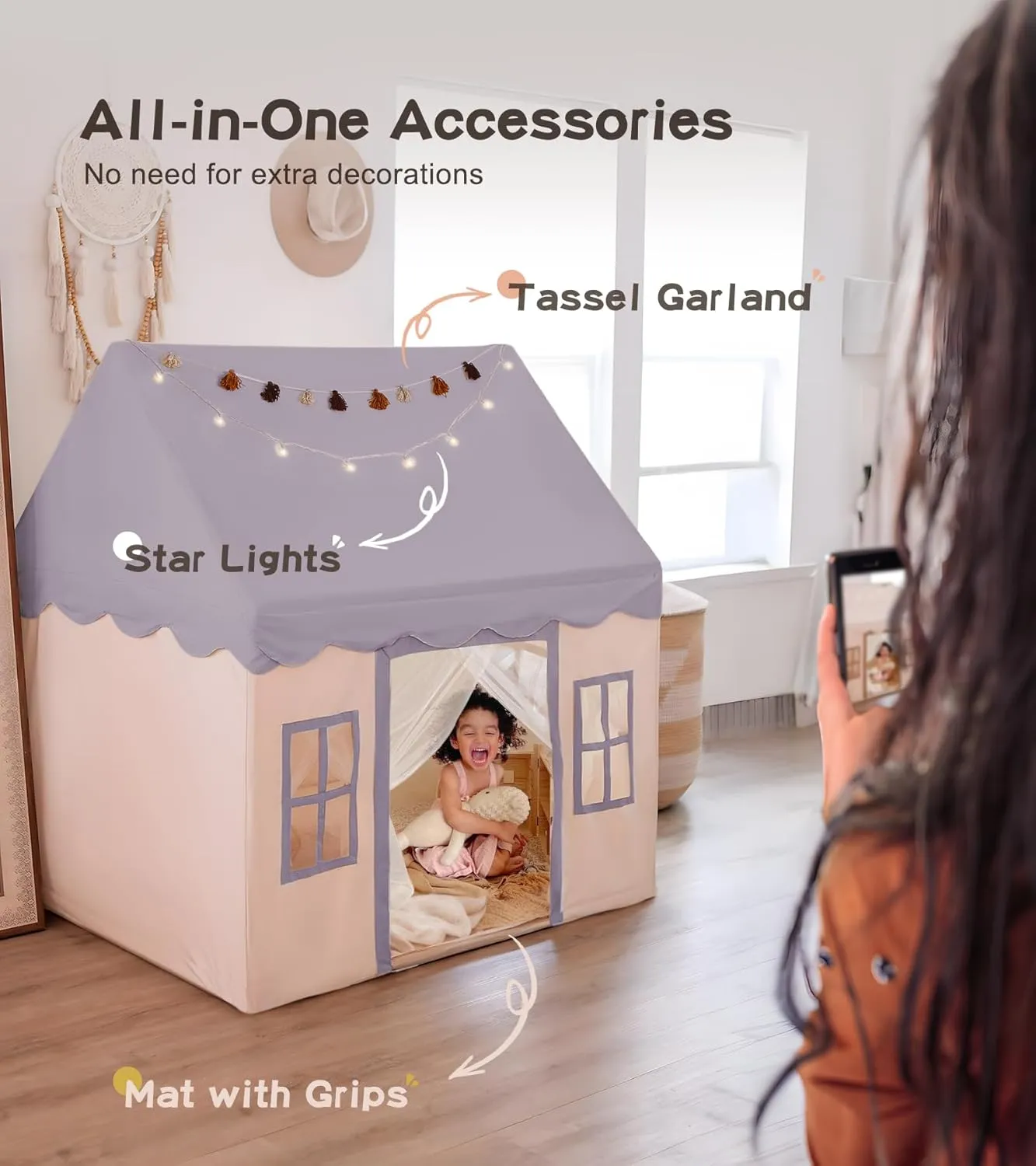 Little Dove Play Tent with mat, Star Lights, Tissue Garland, Kids playtent Indoor, Toddler Play Tent Large Outdoors for Kids Aged 3 , 52" x35" x 52", Toddler Teepee Play House with Windows Grey Color