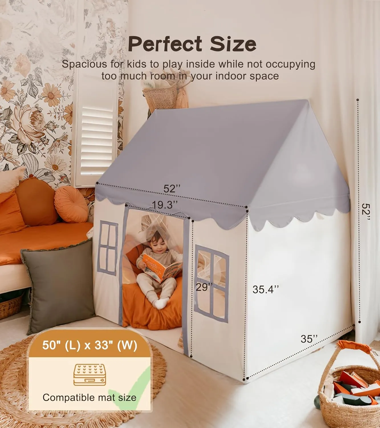 Little Dove Play Tent with mat, Star Lights, Tissue Garland, Kids playtent Indoor, Toddler Play Tent Large Outdoors for Kids Aged 3 , 52" x35" x 52", Toddler Teepee Play House with Windows Grey Color