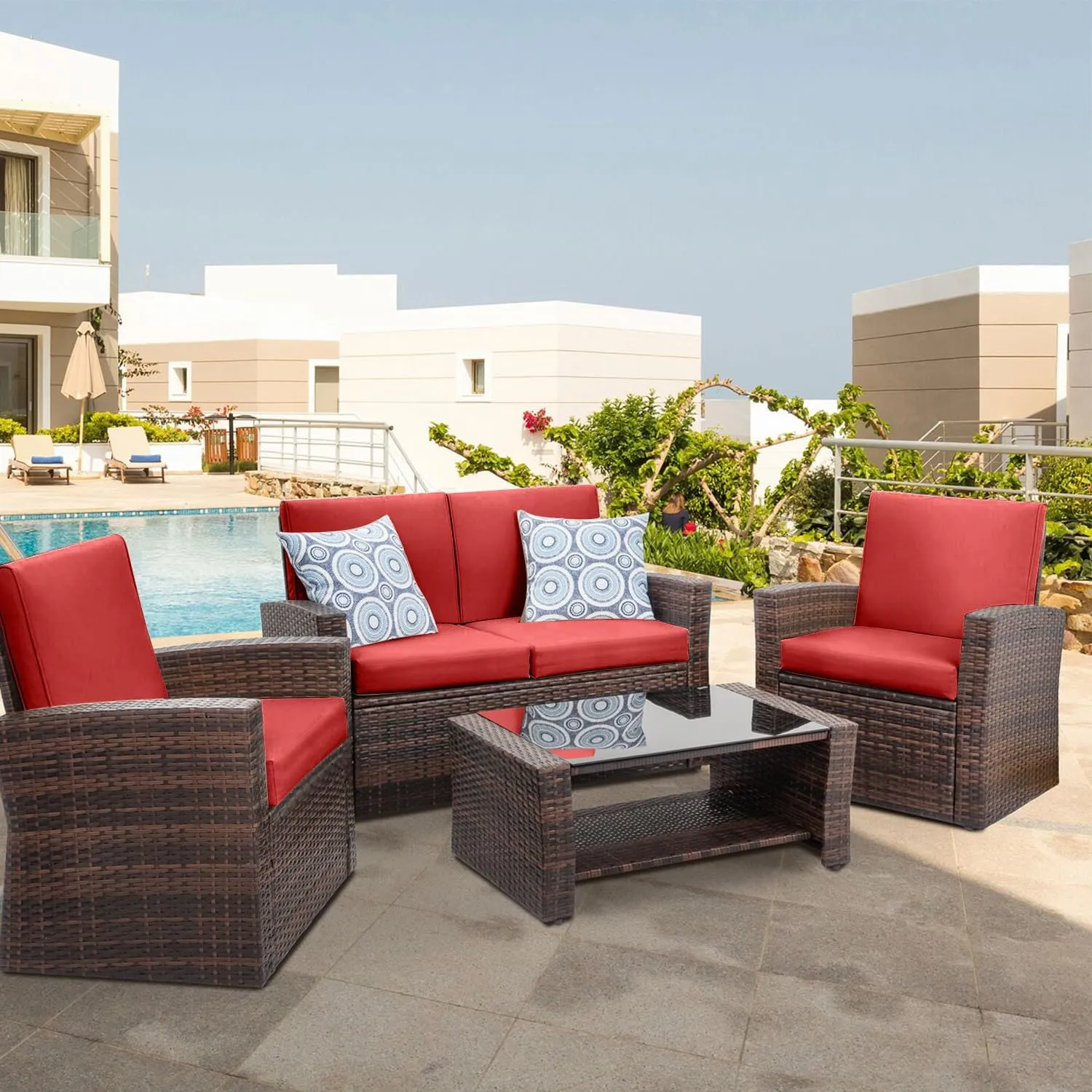 LOKHOM Outdoor Chair Cushions Set of 2，19" x 19" x 4" Waterproof Outdoor Seat Cushions for Patio Furniture, Soft Square Corner Sofa Outdoor Cushions with Handle & Adjustable Straps(Red)