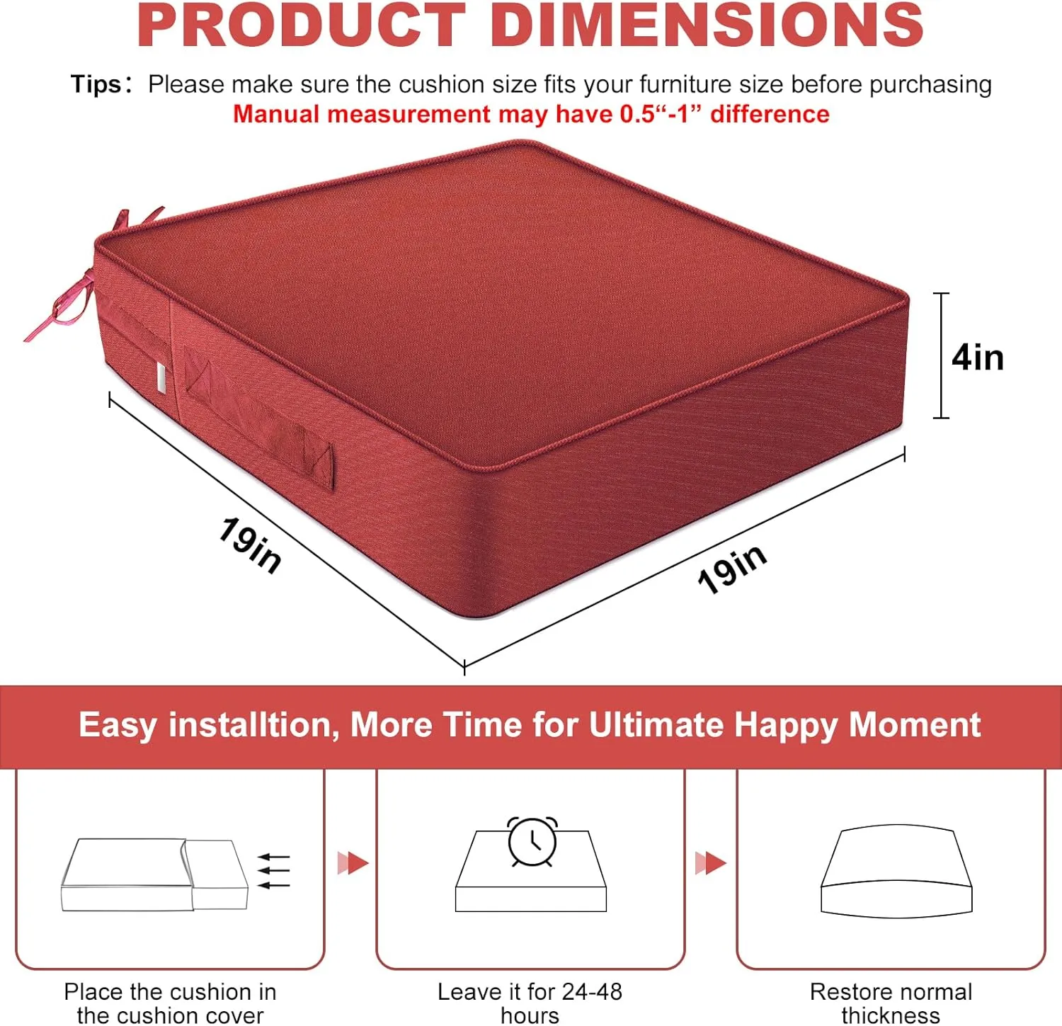 LOKHOM Outdoor Chair Cushions Set of 2，19" x 19" x 4" Waterproof Outdoor Seat Cushions for Patio Furniture, Soft Square Corner Sofa Outdoor Cushions with Handle & Adjustable Straps(Red)