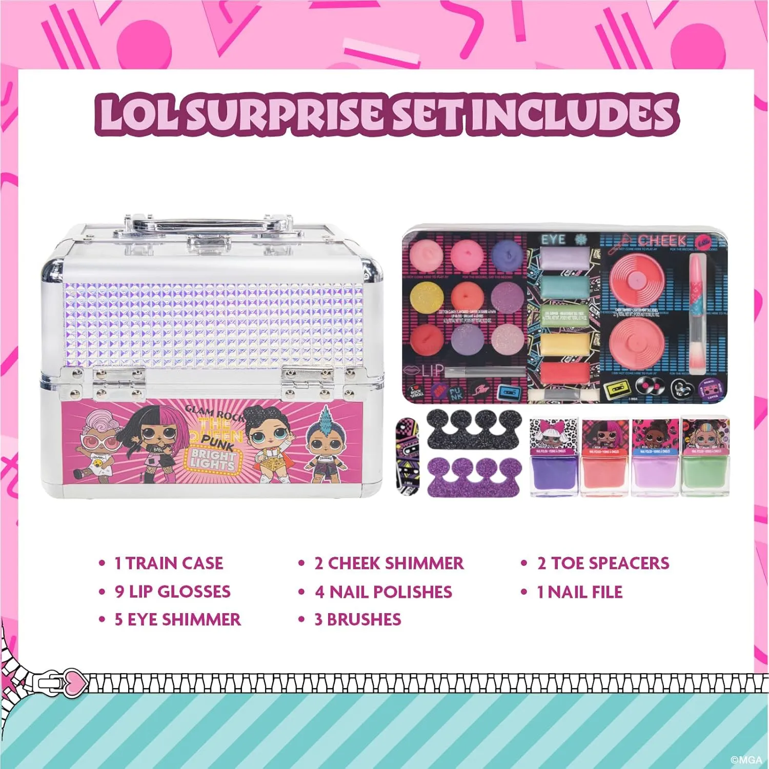 L.O.L. Surprise! Train Case Cosmetic Makeup Set Includes Lip Gloss, Eye Shimmer, Nail Polish, Hair Accessories & more, Perfect for Parties, Sleepovers & Makeovers, Ages 3 , By Townley Girl