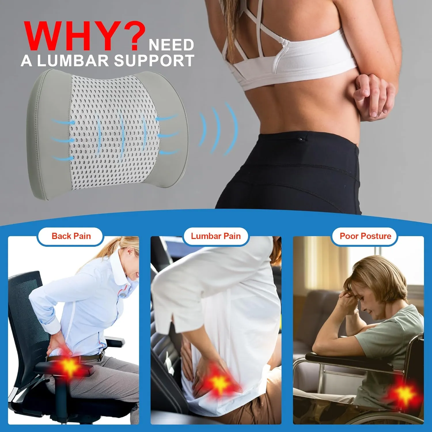 Lumbar Support Pillow for Car, Memory Foam Lumbar Pillow for Lower Back Pain Relief - Back Cushion for Driving, Chair Support for Car-Office Chair, Wheelchair - 4D Mesh Gray