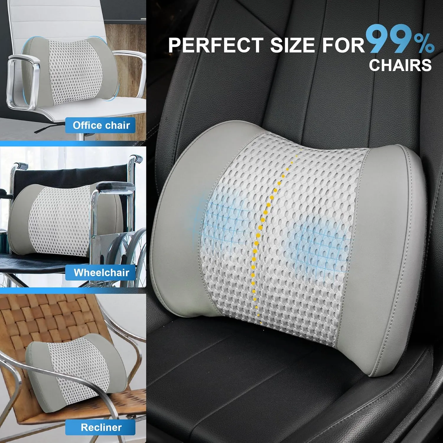Lumbar Support Pillow for Car, Memory Foam Lumbar Pillow for Lower Back Pain Relief - Back Cushion for Driving, Chair Support for Car-Office Chair, Wheelchair - 4D Mesh Gray
