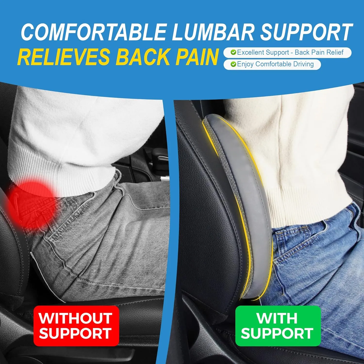 Lumbar Support Pillow for Car, Memory Foam Lumbar Pillow for Lower Back Pain Relief - Back Cushion for Driving, Chair Support for Car-Office Chair, Wheelchair - 4D Mesh Gray