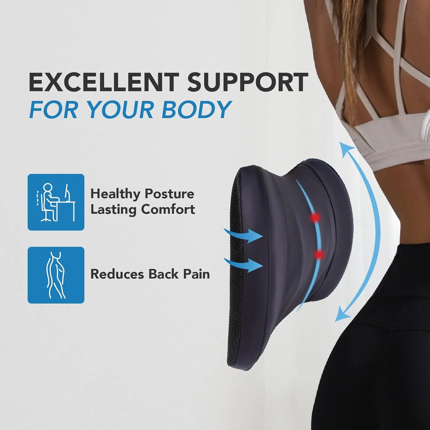 Lumbar Support Pillow for Car, Memory Foam Lumbar Pillow for Lower Back Pain Relief - Back Cushion for Driving, Chair Support for Car-Office Chair, Wheelchair - Classic Black