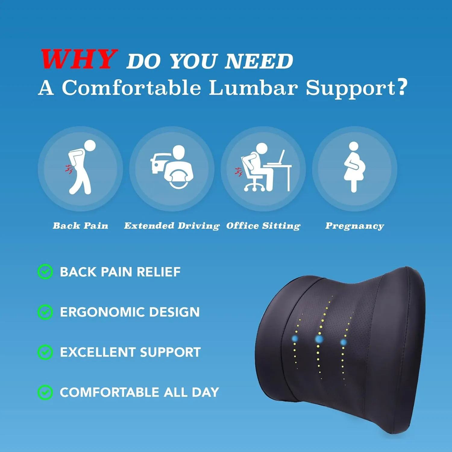 Lumbar Support Pillow for Car, Memory Foam Lumbar Pillow for Lower Back Pain Relief - Back Cushion for Driving, Chair Support for Car-Office Chair, Wheelchair - Classic Black